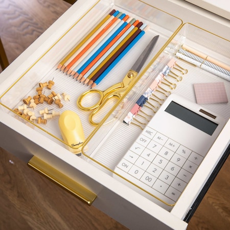 Martha Stewart Kerry 3 Pack Plastic Stackable Office Desk Drawer Organizers with Gold Trim, 12 x 6 BE-PB8973-G-3-CLRGLD-MS